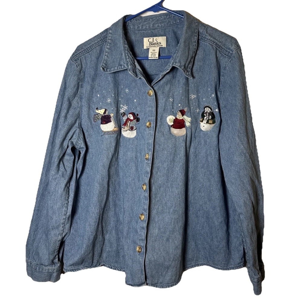 C.J. Banks 1X Denim Chambray Christmas Shirt Snowman Embroidered Button Up Women